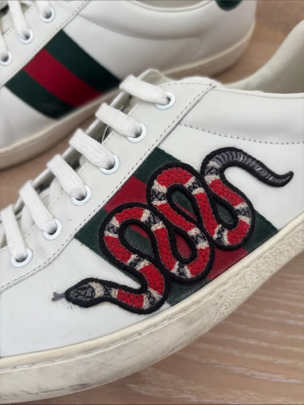 Gucci White Leather Sneakers with Red & Green Stripes and Snake Embroidery